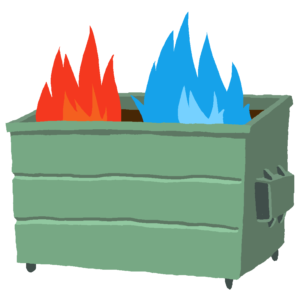 This is a cartoon of a dumpster, with a blue and red fire pouring out.